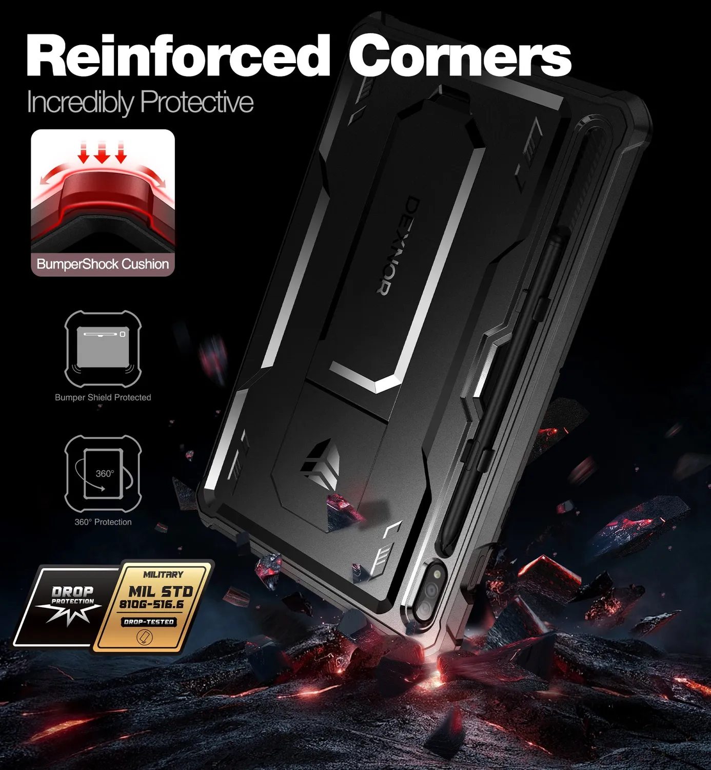 Dexnor Galaxy Tab S7 S8 11" cover nera rugged pennino