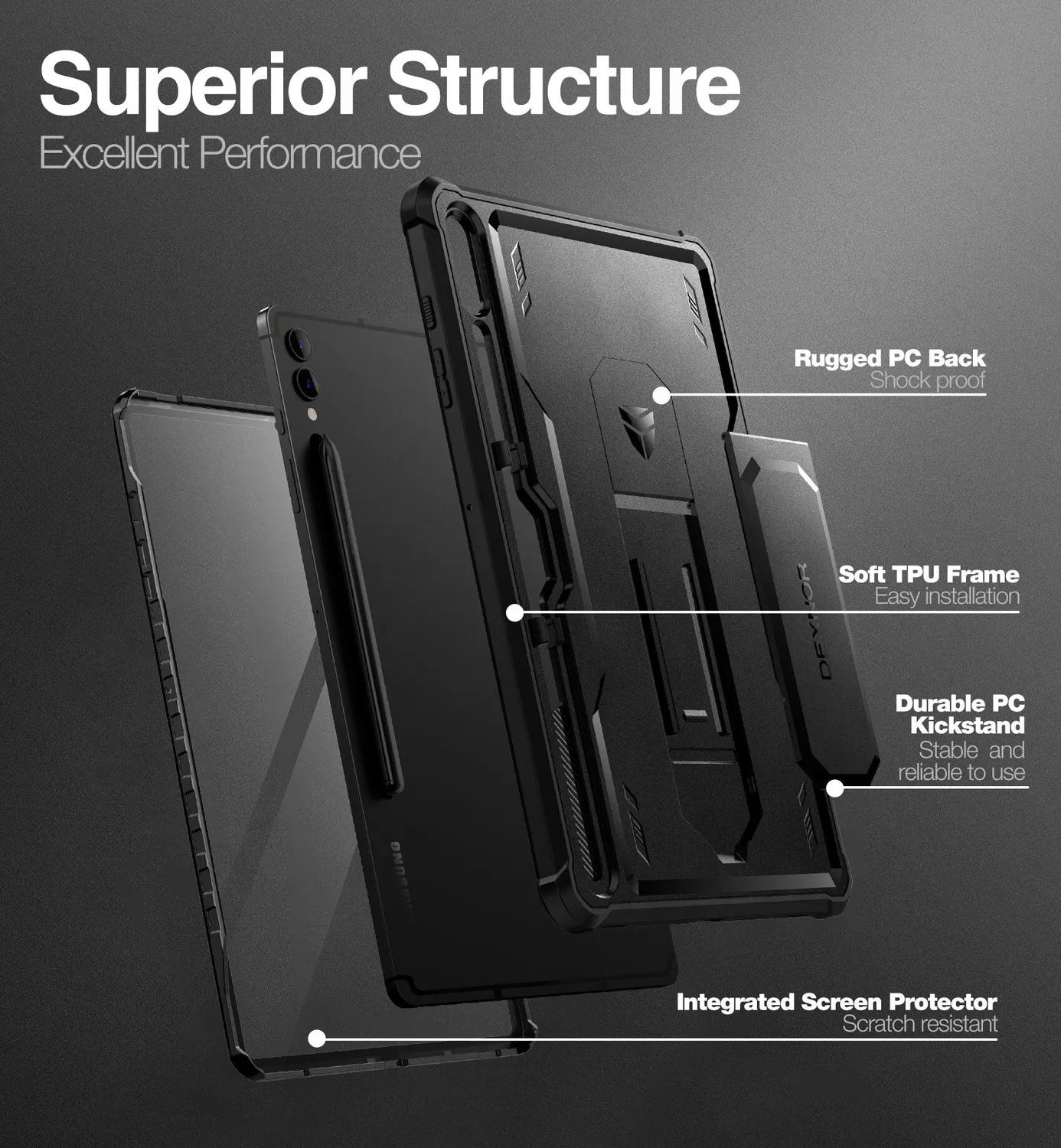 Dexnor cover Galaxy Tab S9+ con pellicola nera rugged