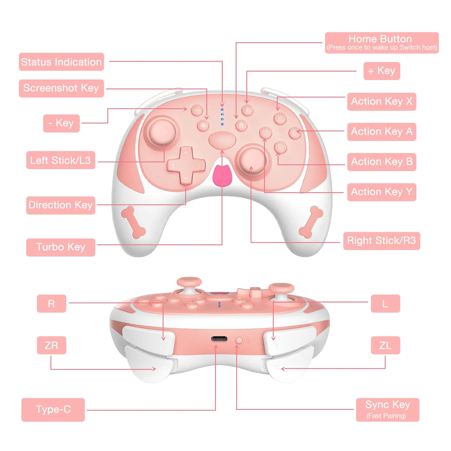 MoKo Switch Controller Wireless Rosa Bluetooth 600mAh