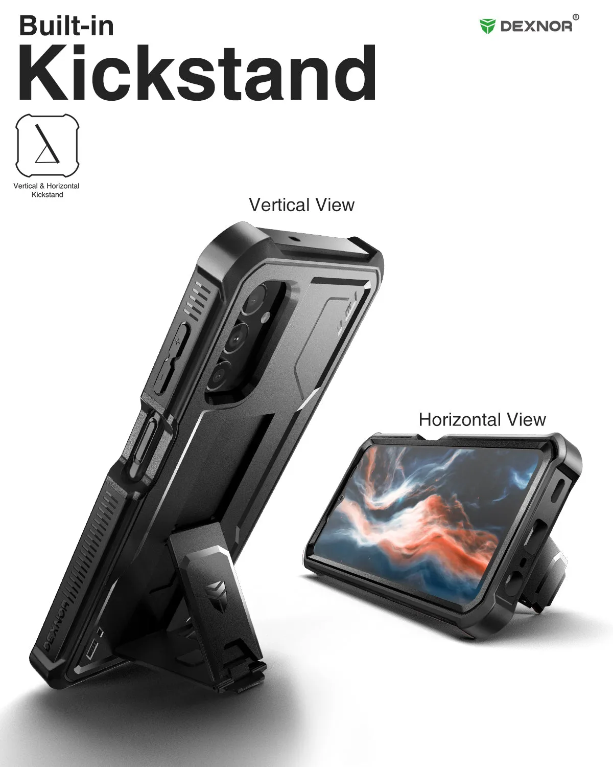 Dexnor per Galaxy A13 5G cover rugged nera con vetro kickstand