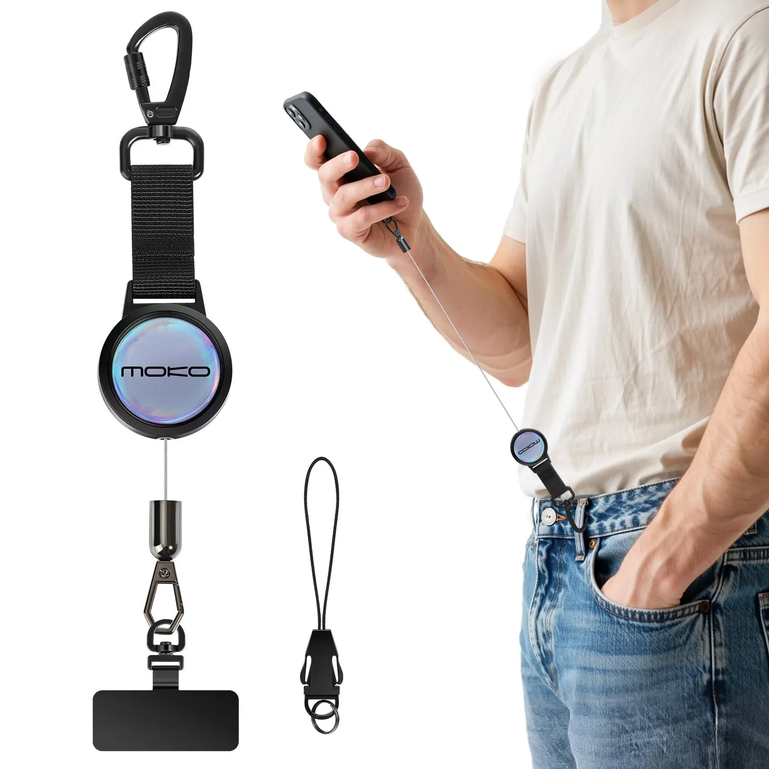 MoKo Retrattile cellulare laccio nero acciaio 70cm