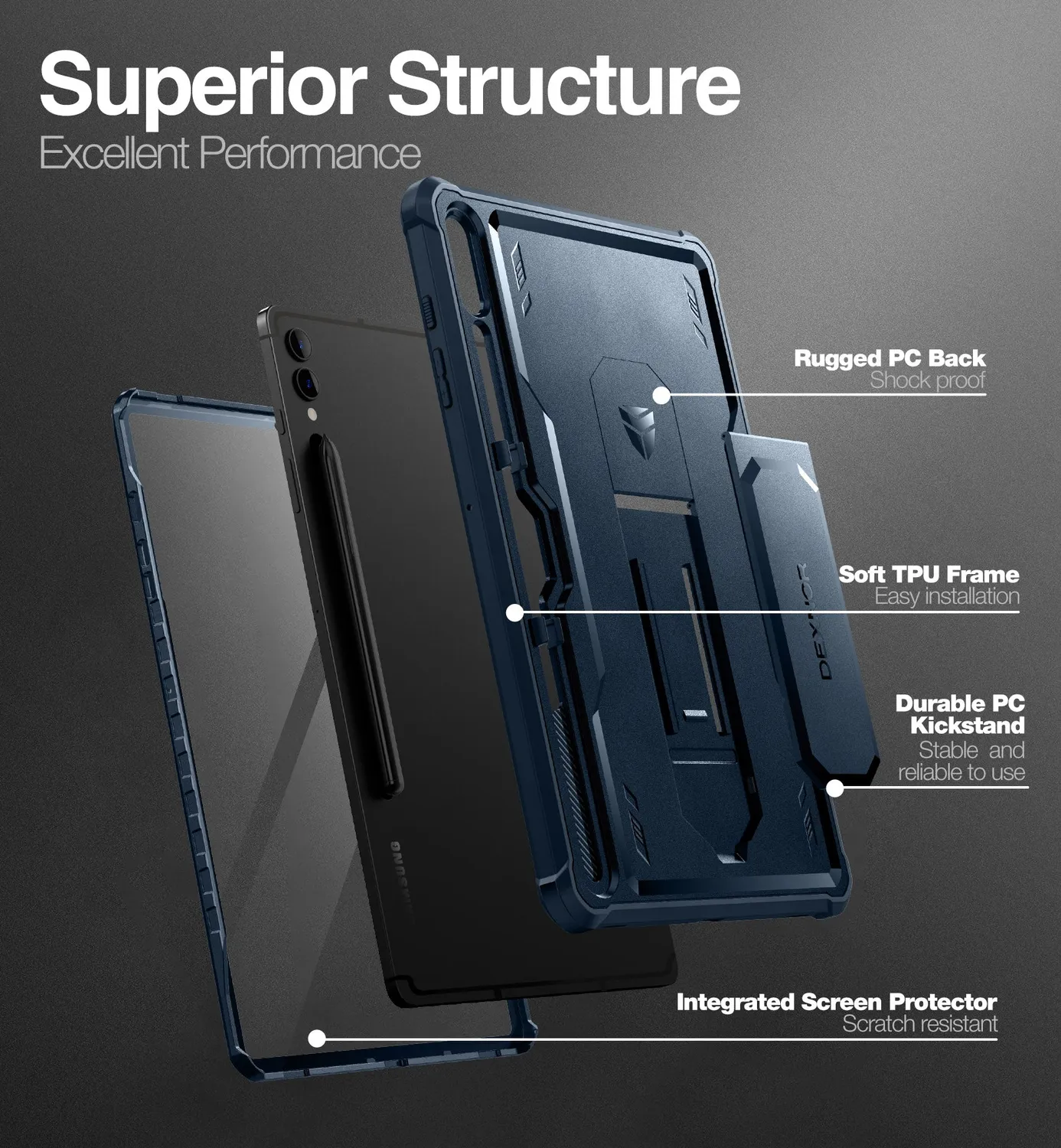 Dexnor Galaxy Tab S9 Plus custodia blu antiurto pennino