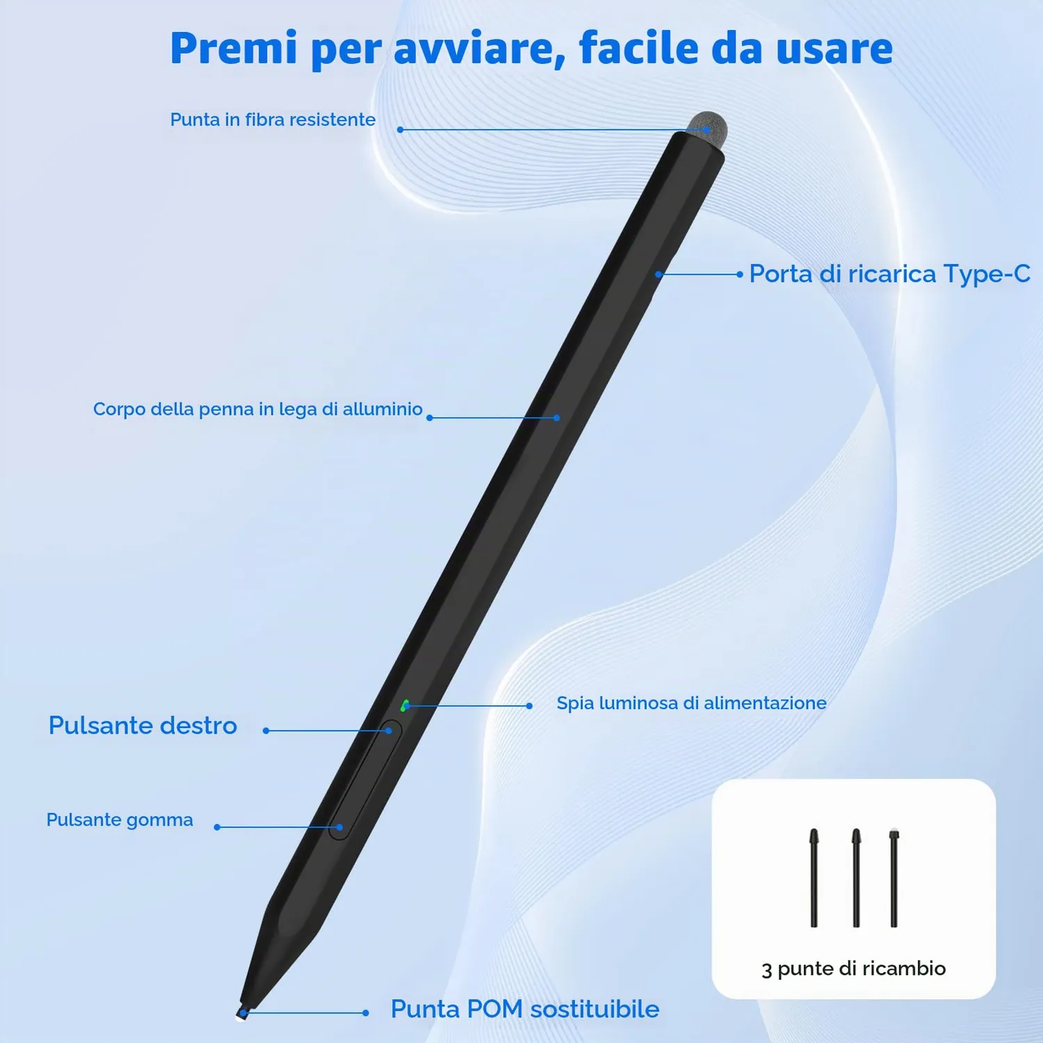 MoKo Penna stilo Surface Pro ricaricabile nera 4096 livelli