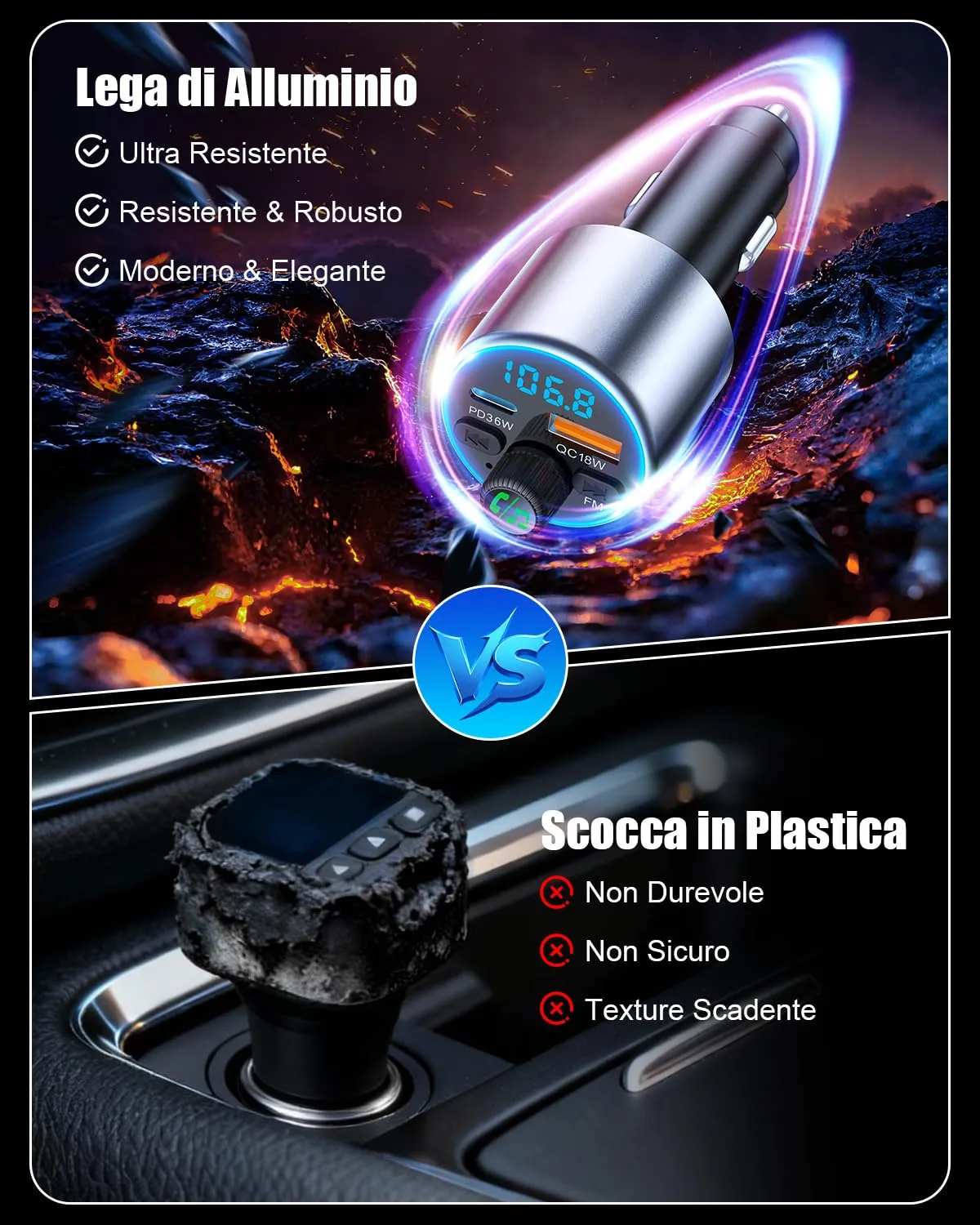 EOIWUY BC19 Trasmettitore FM Bluetooth Argento 54W