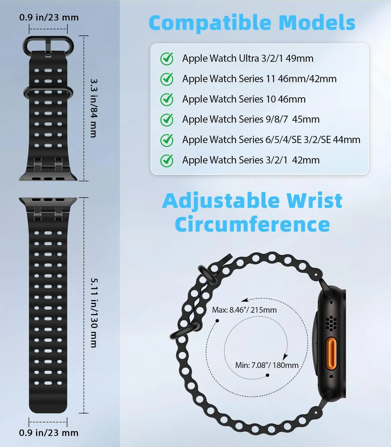 MoKo Ocean Apple Watch 49mm cinturino nero impermeabile