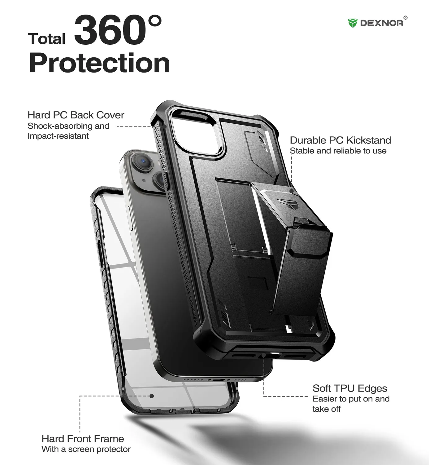 Dexnor iPhone 14 Plus cover nera antiurto con stand