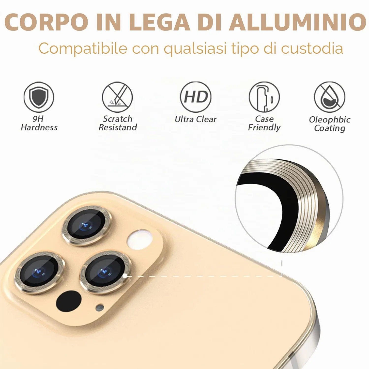 CloudValley vetro fotocamera iPhone 13 Pro Max protezione oro