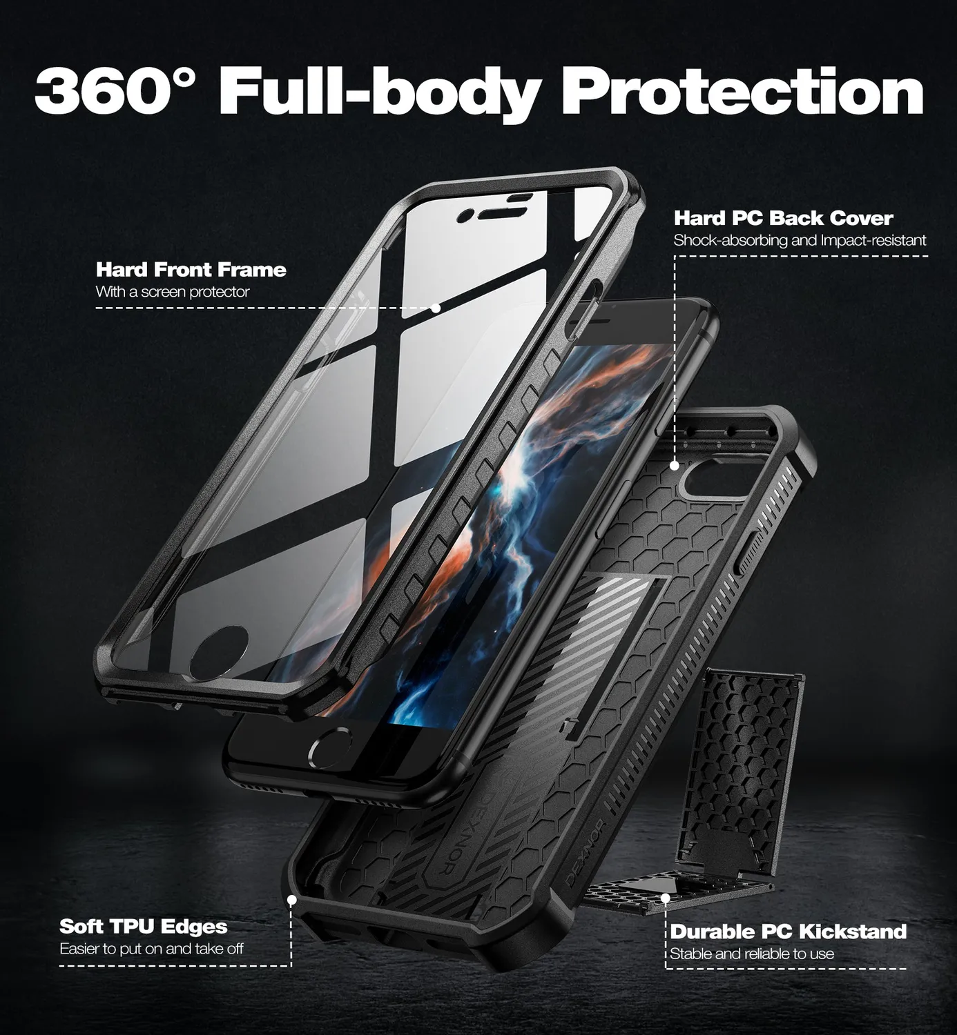 Dexnor iPhone 7 cover nera antiurto con pellicola stand