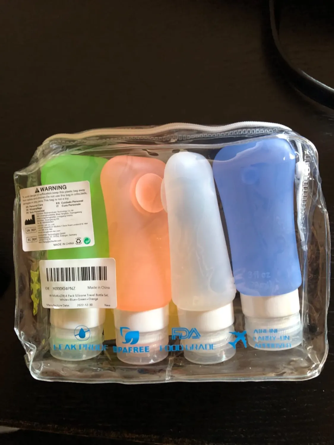 MoKo bottiglie viaggio silicone 89 ml set 4 pezzi BPA free