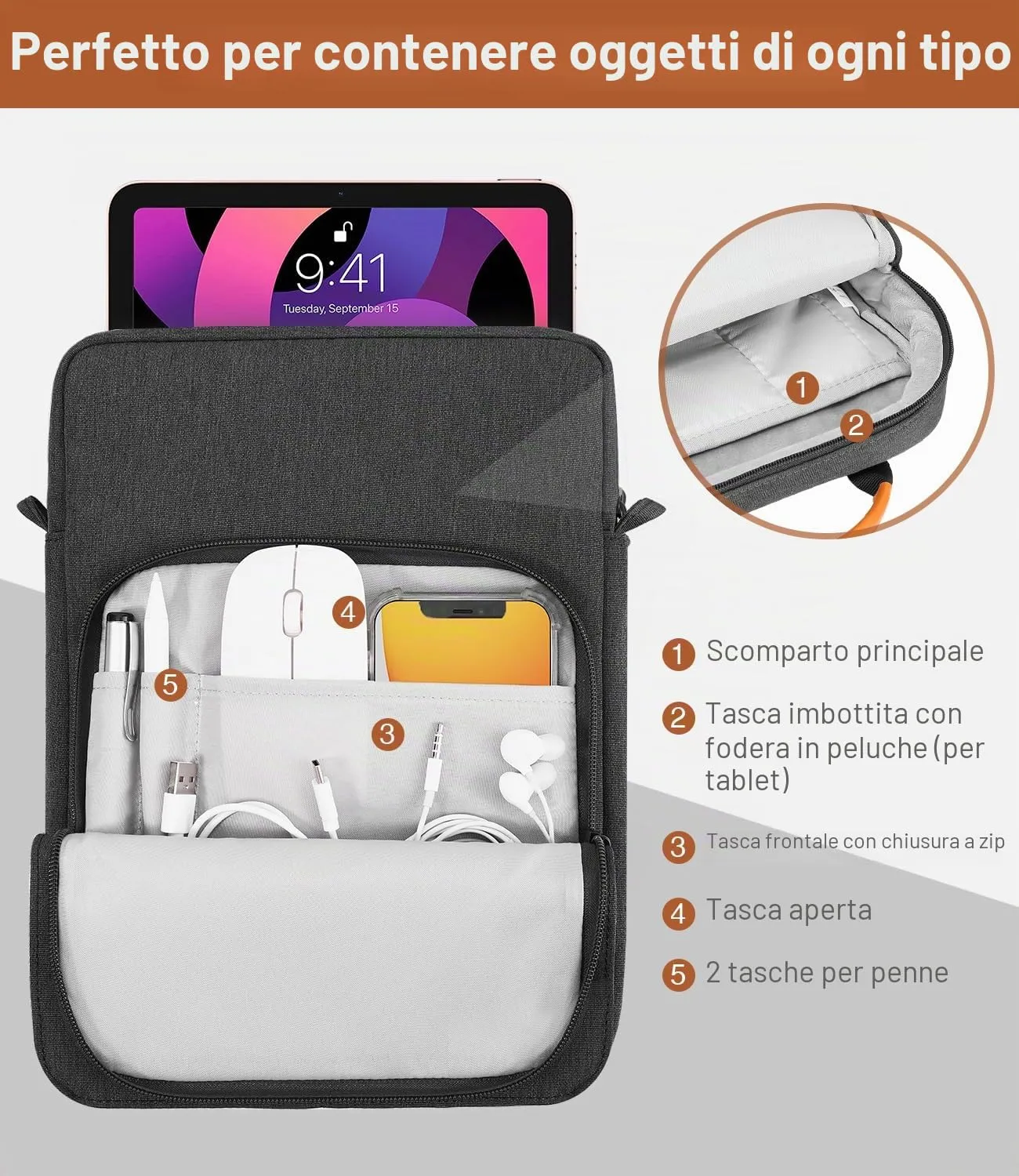 MoKo Tablet 9-11 pollici borsa sleeve nero grigio imbottita manico