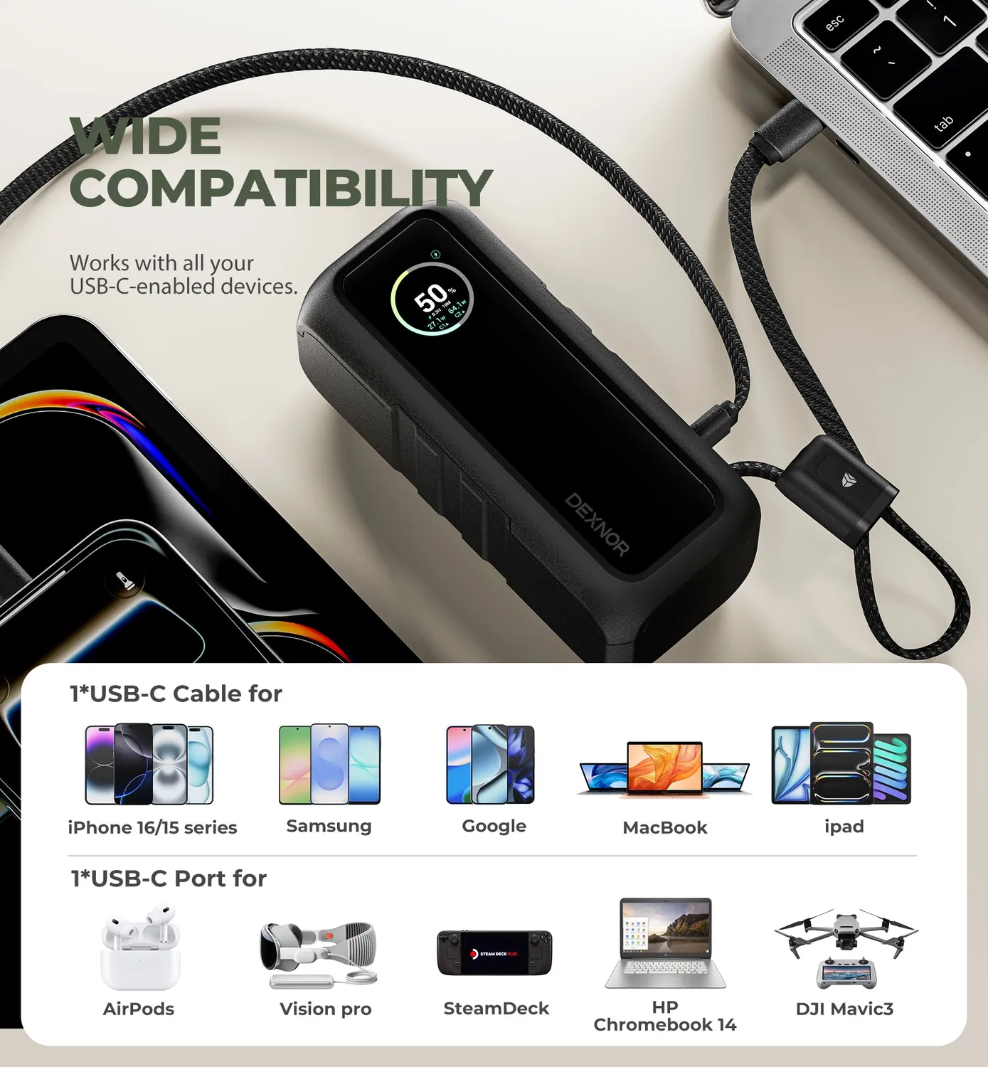 Dexnor power bank 15000mAh 65W nero spina