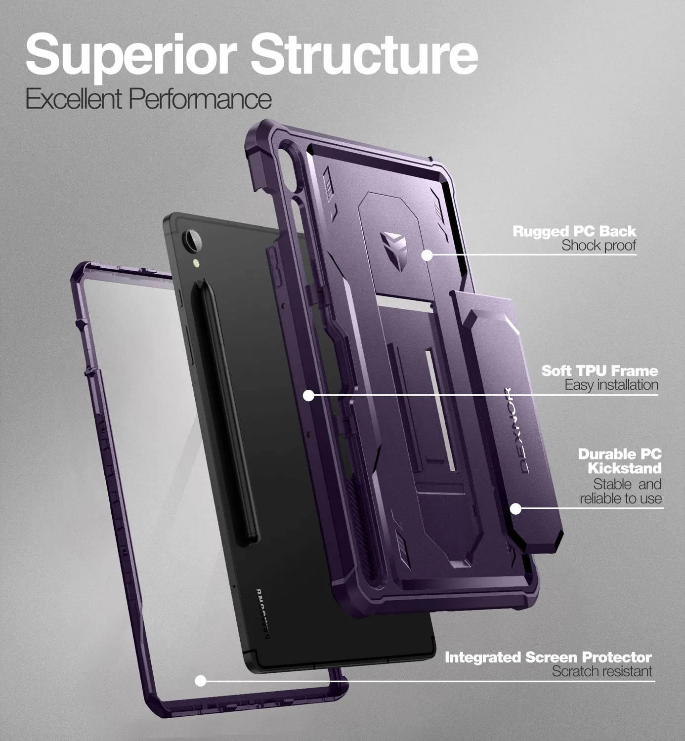 Dexnor Galaxy Tab S9 custodia antiurto con stand viola