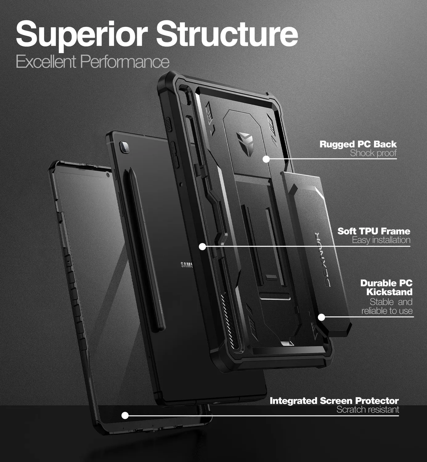 Dexnor Galaxy Tab S6 Lite Cover nera rugged con porta-penna