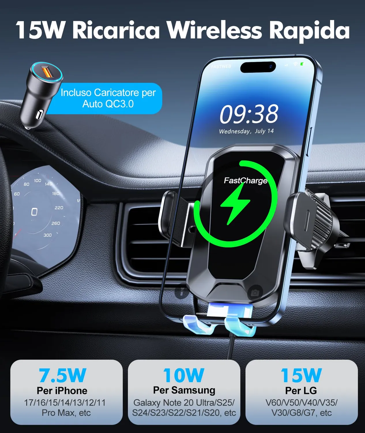 EOIWUY supporto auto ricarica wireless 15W 360°