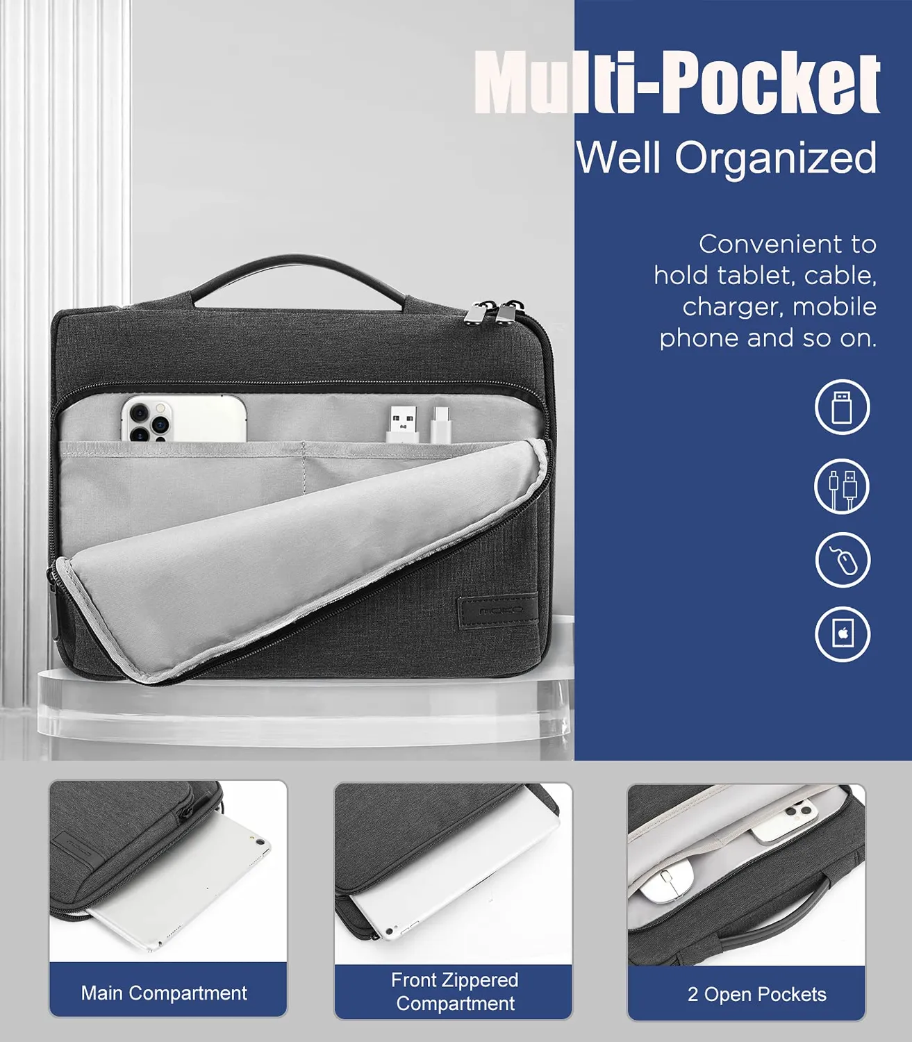 MoKo Borsa Tablet 9-11 Pollici Manico Nero Grigio