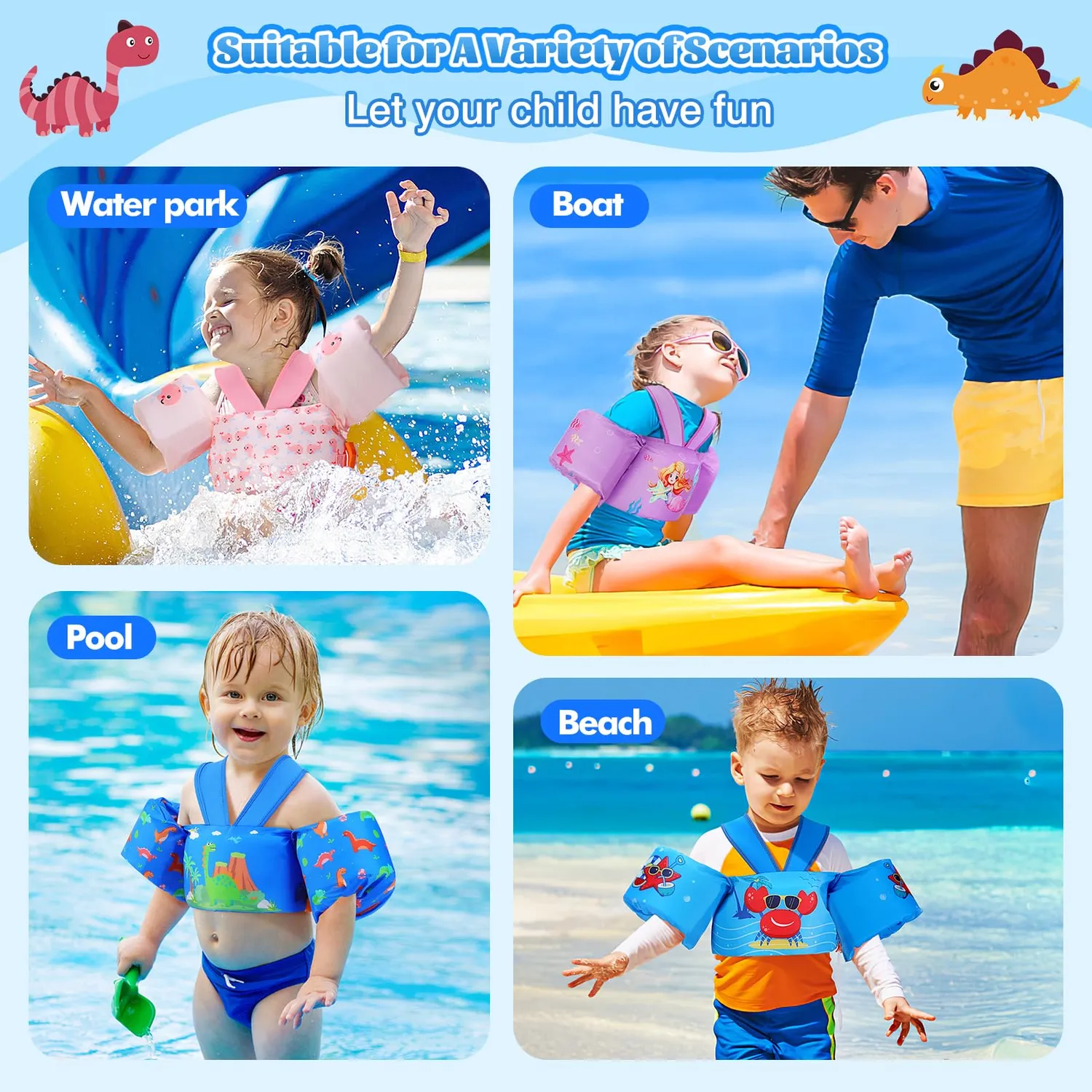 MoKo gilet nuoto bambini dinosauri blu 20-50lbs
