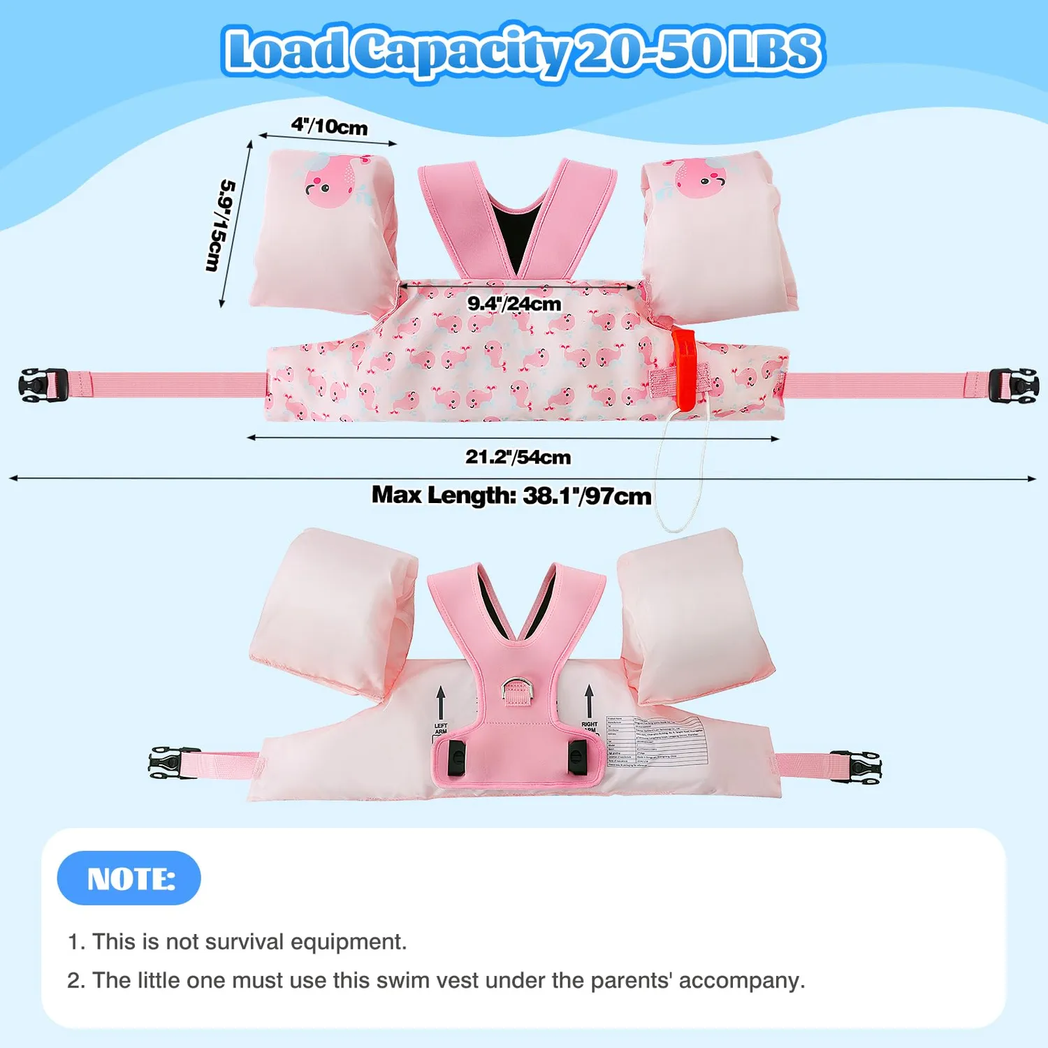 MoKo Gilet nuoto bambini balena rosa 20-50 lbs