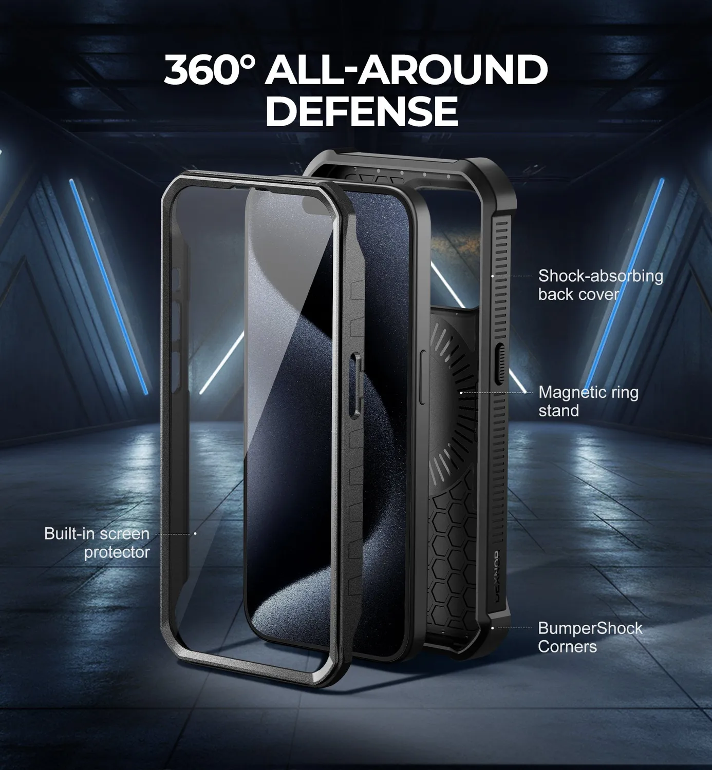 Dexnor iPhone 15 Pro cover antishock nera MagSafe kickstand