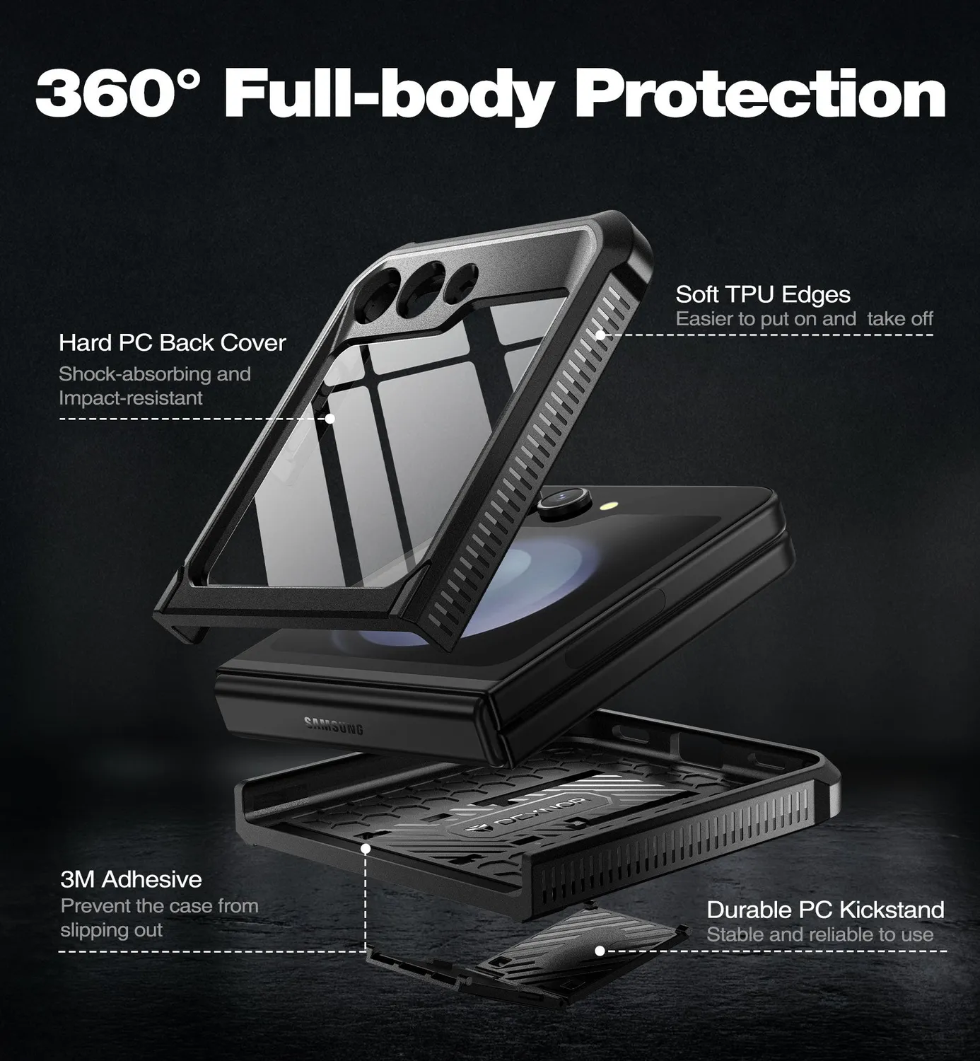 Dexnor Galaxy Z Flip 5 custodia nera antiurto con cerniera