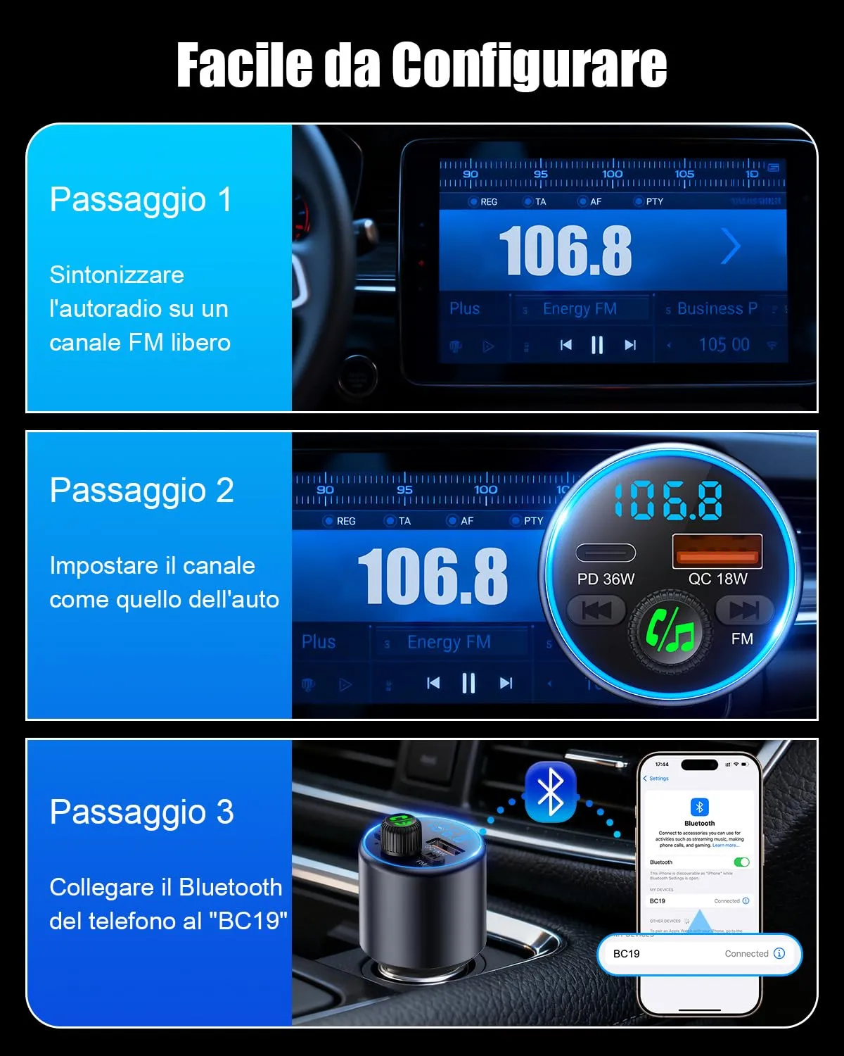 EOIWUY BC19 Trasmettitore FM Bluetooth Auto 54W PD