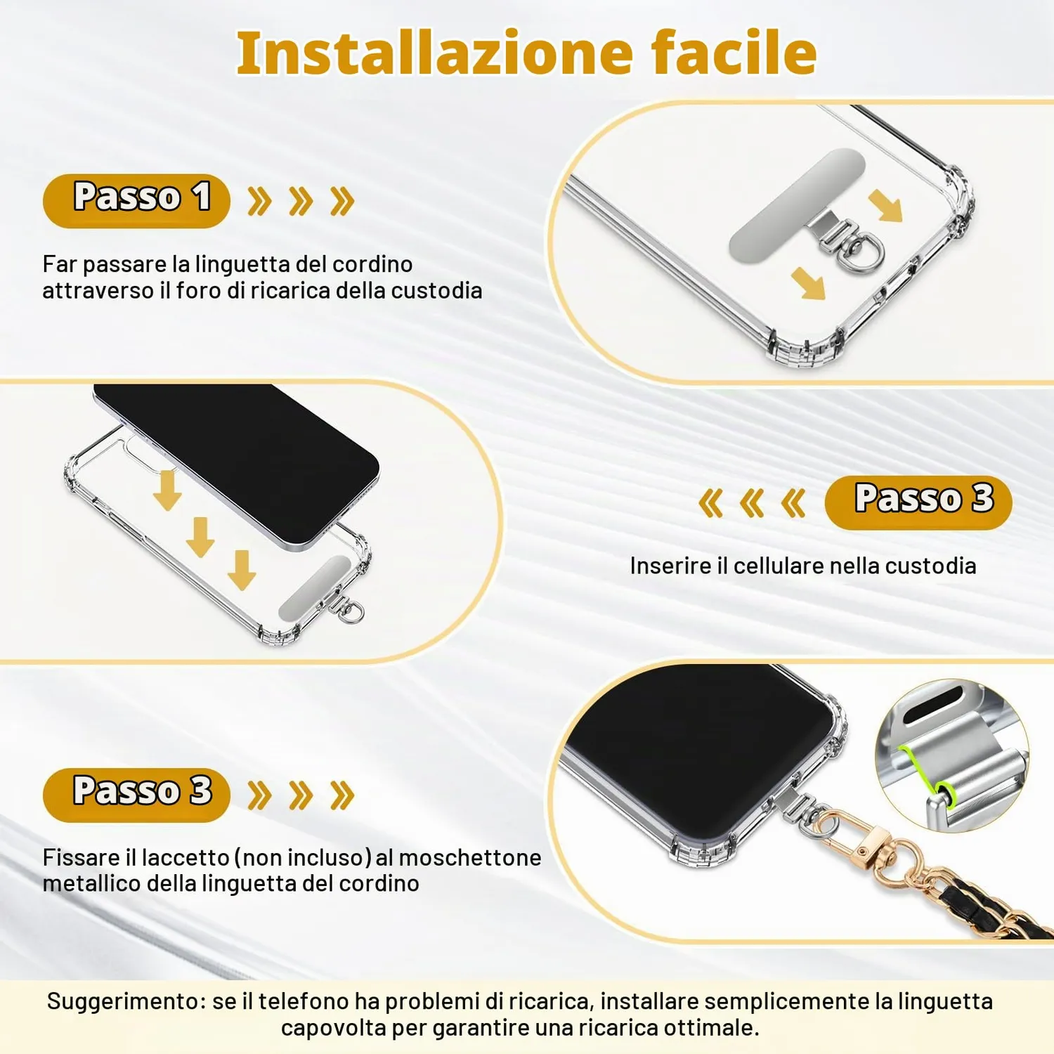 MoKo Tether Tab 360° Gancio Laccetto Telefono argento 6 pezzi inox