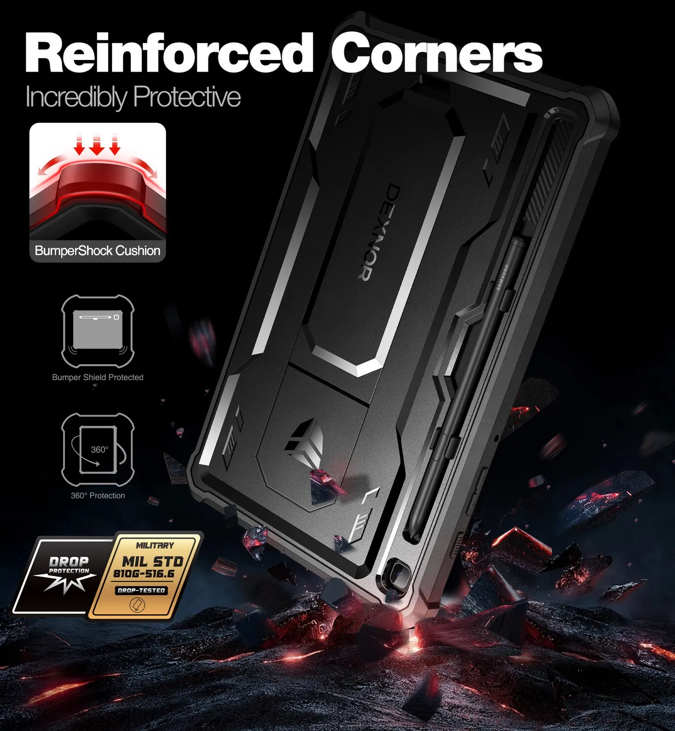 Dexnor Galaxy Tab S6 Lite Cover nera rugged con porta-penna