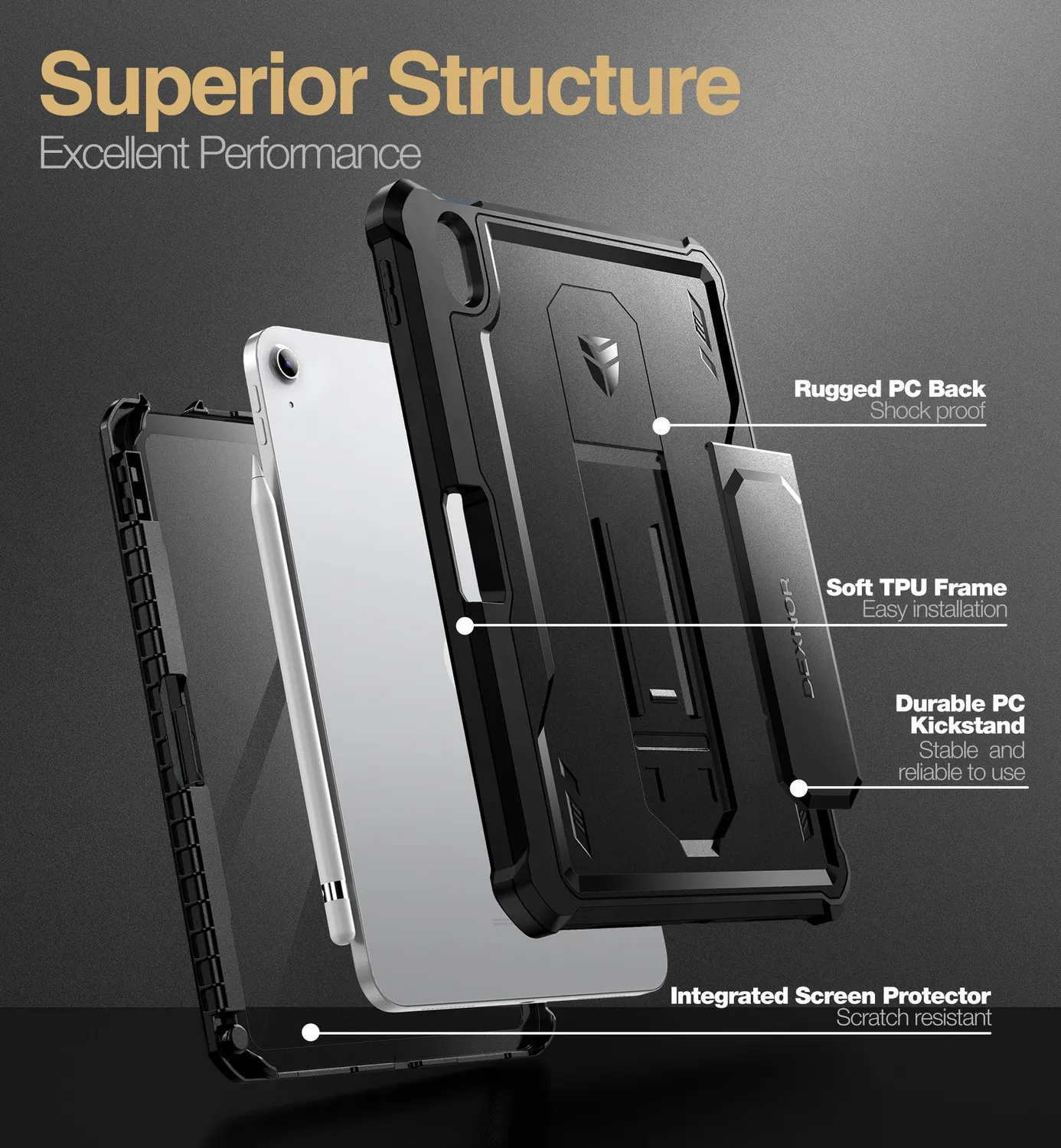 Dexnor iPad 2022 cover rugged con pellicola e stand