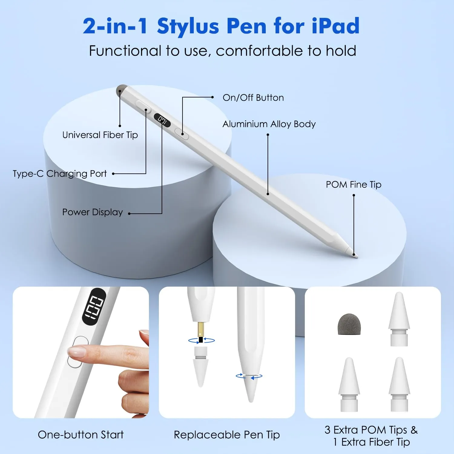 MoKo penna stilo iPad doppia punta bianca USB-C 10 ore