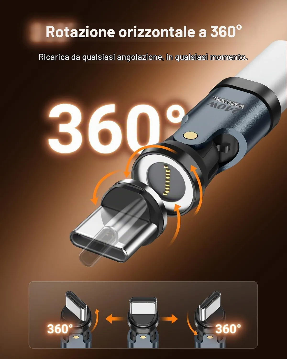 MoKo 240W adattatore magnetico USB-C grigio angolo 90°