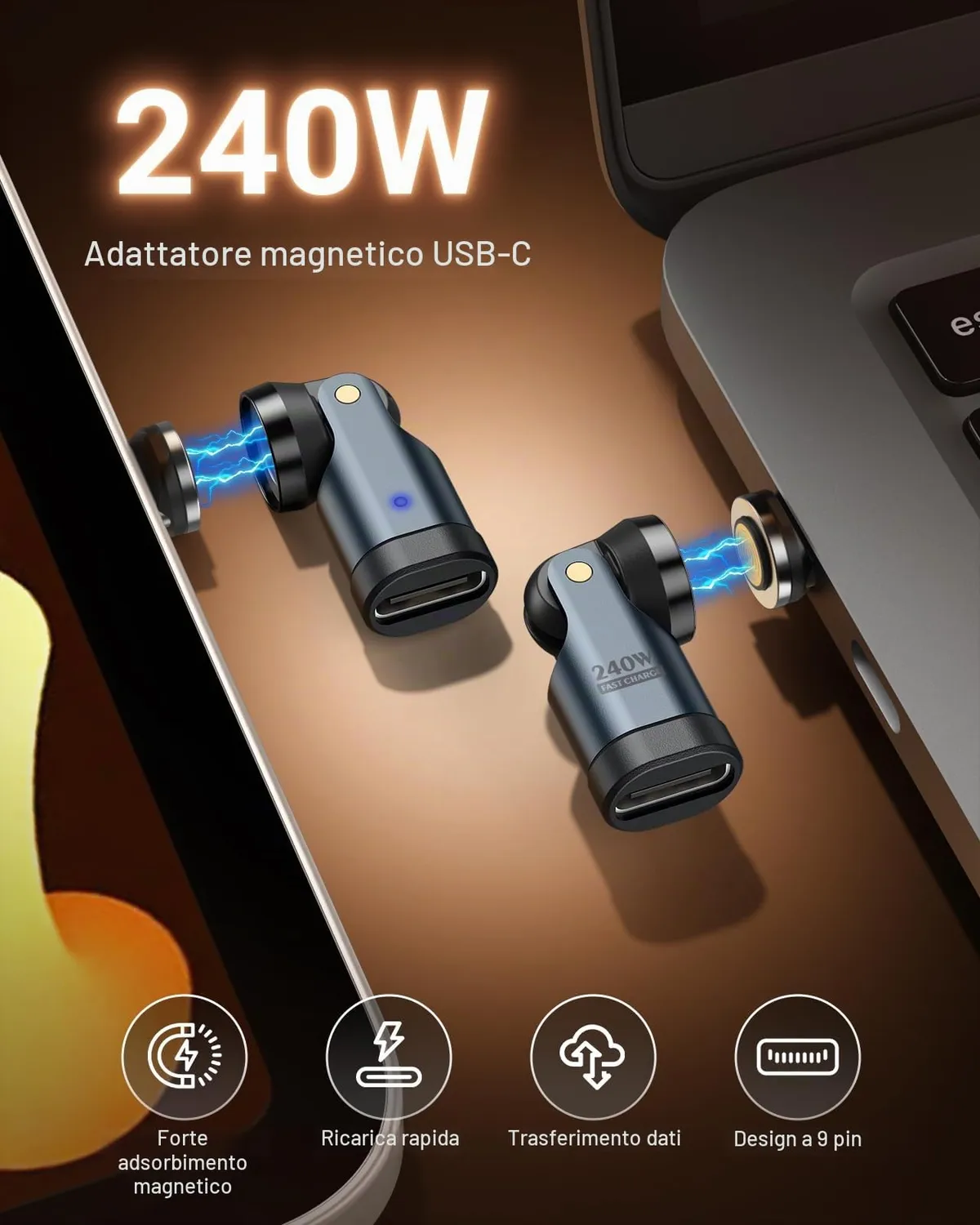 MoKo 240W adattatore magnetico USB-C grigio angolo 90°
