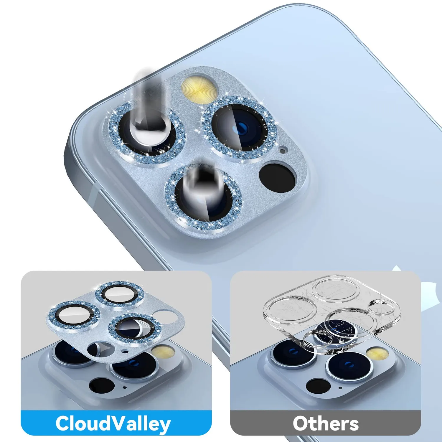 CloudValley iPhone 13 Pro vetro fotocamera glitter azzurro 2pz