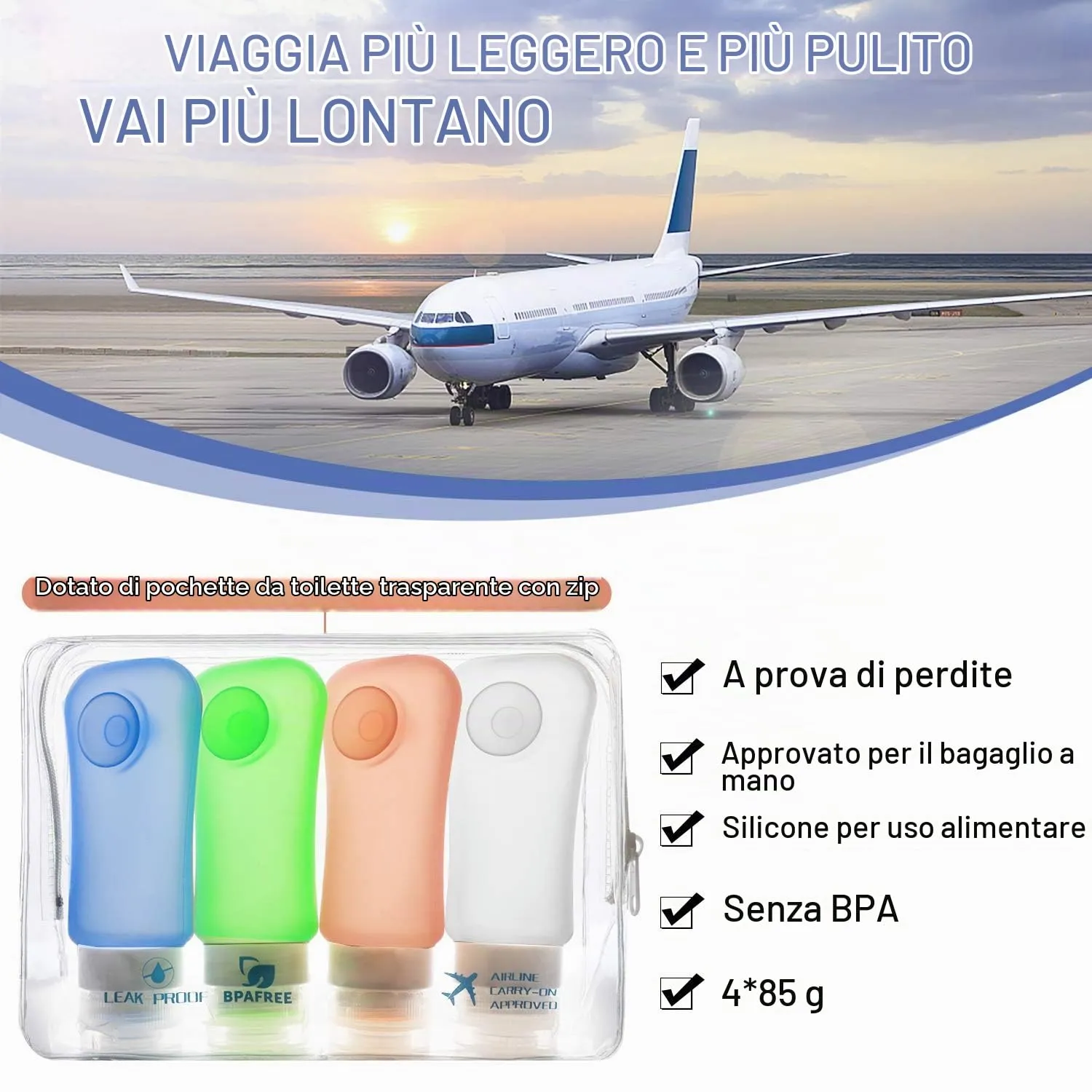 MoKo bottiglie viaggio silicone 89 ml set 4 pezzi BPA free