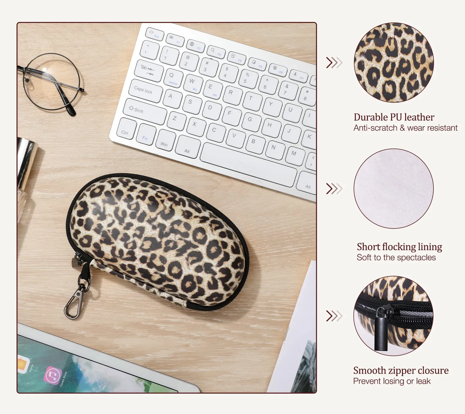 MoKo Custodia Occhiali Pelle con Zip Leopardo Universale