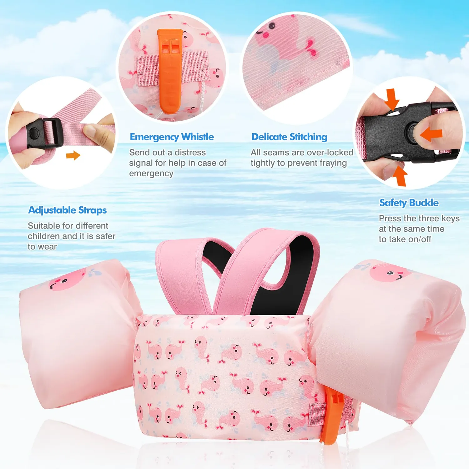 MoKo Gilet nuoto bambini balena rosa 20-50 lbs