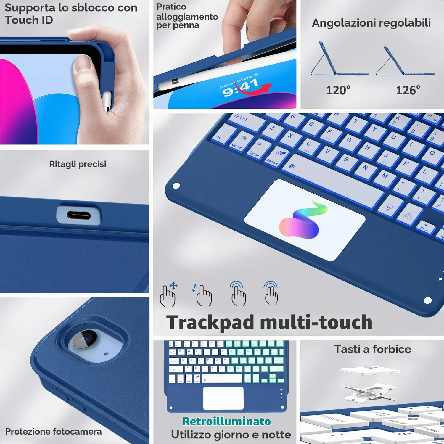 MoKo iPad 10ª 11ª Custodia Tastiera blu marino touchpad