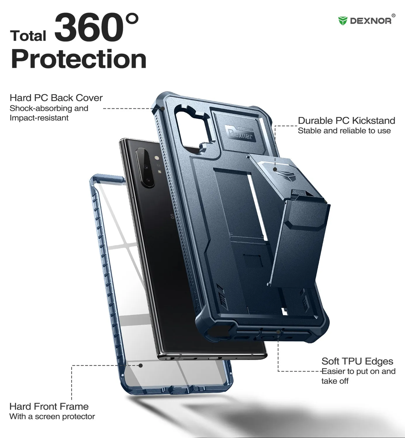 Dexnor Galaxy Note 10 Plus cover blu con stand vetro