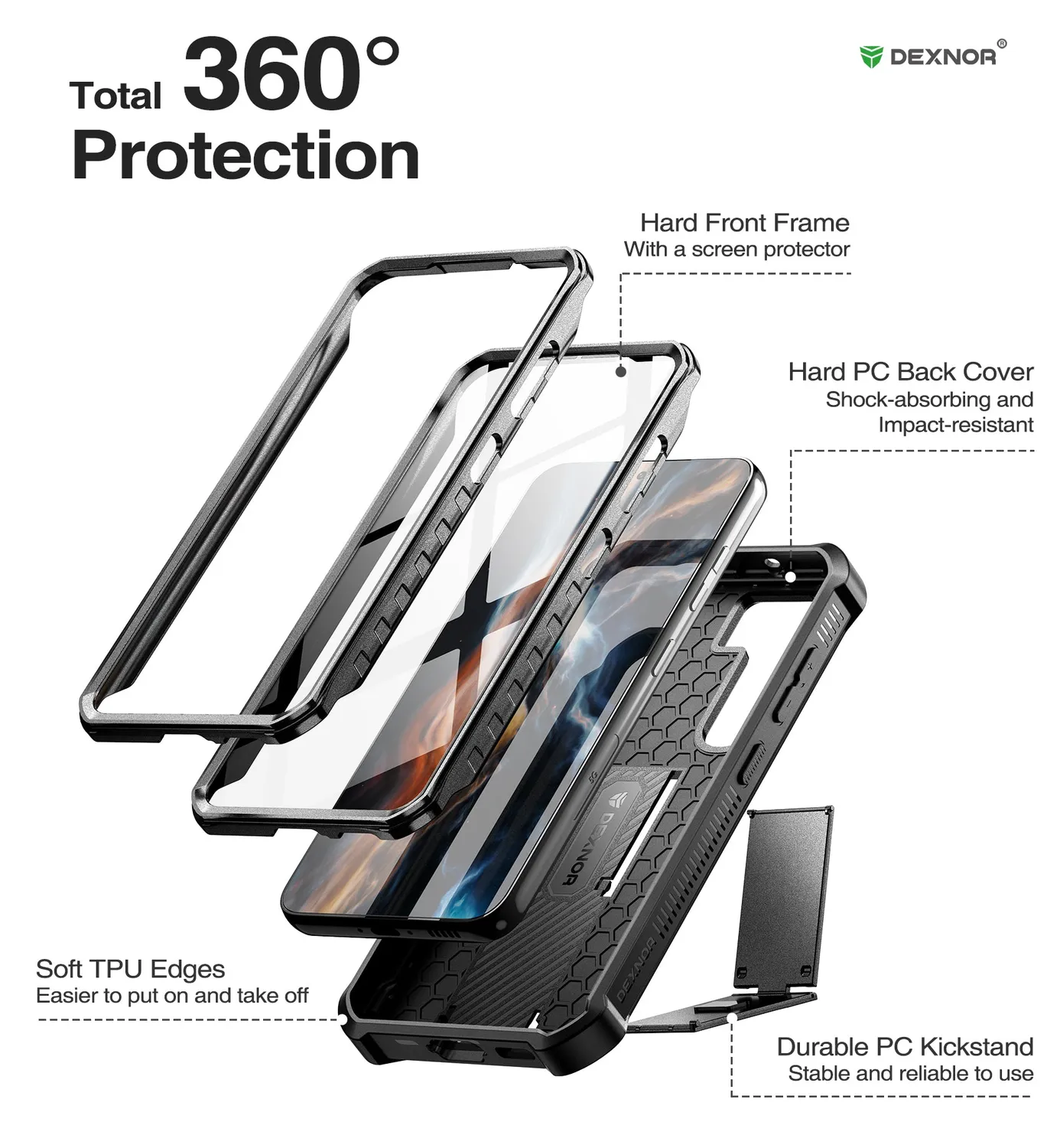 Dexnor Custodia rugged Galaxy S23 nera con kickstand