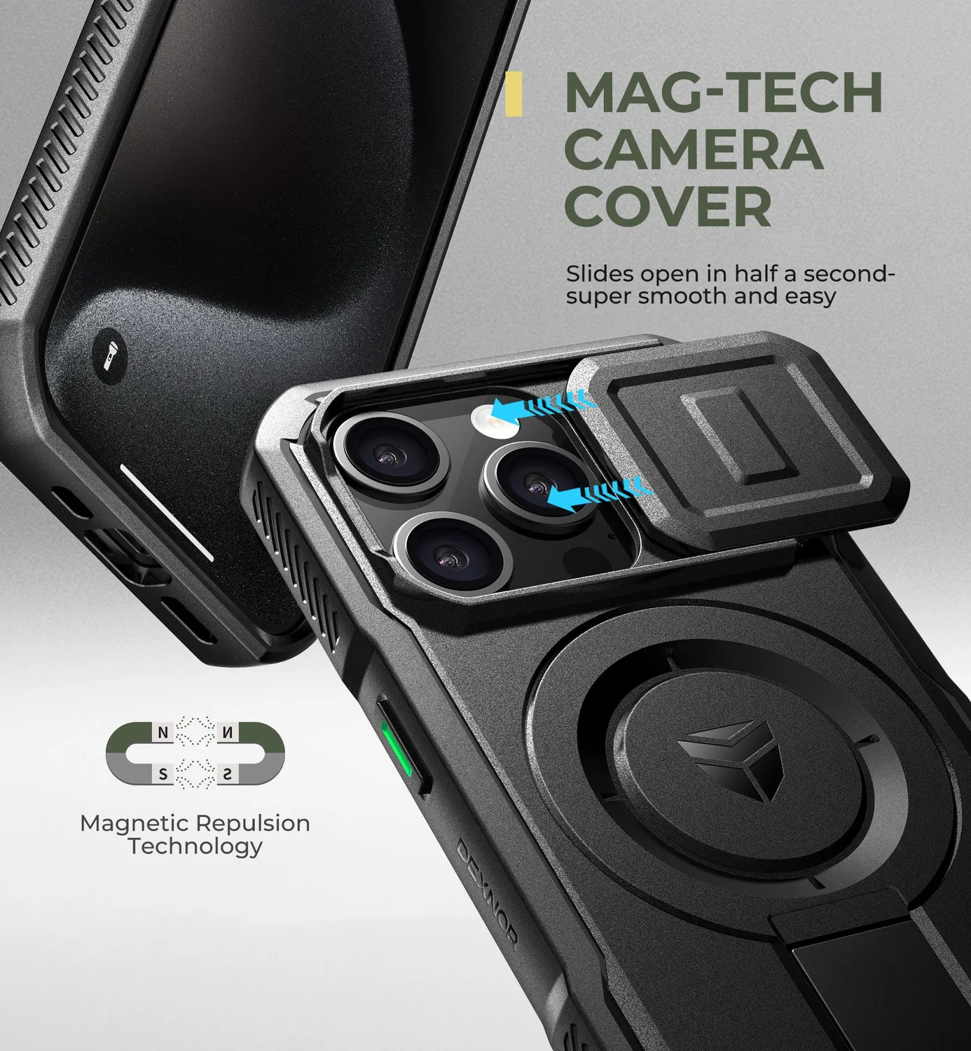 Dexnor cover iPhone 15 Pro nera MagSafe copri camera stand