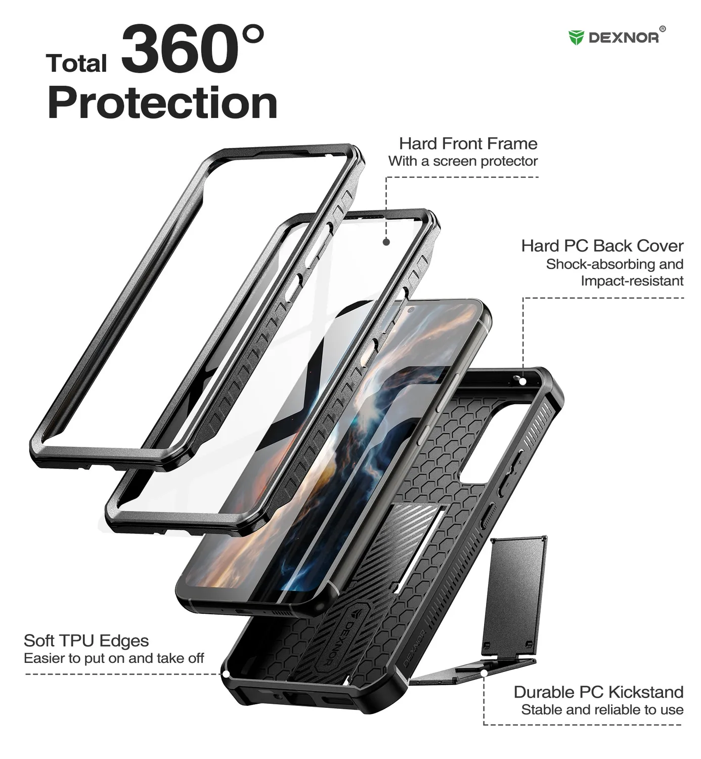 Dexnor Galaxy A54 5G cover nera rugged con stand