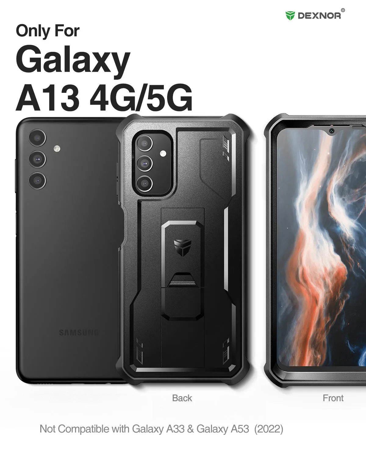 Dexnor per Galaxy A13 5G cover rugged nera con vetro kickstand