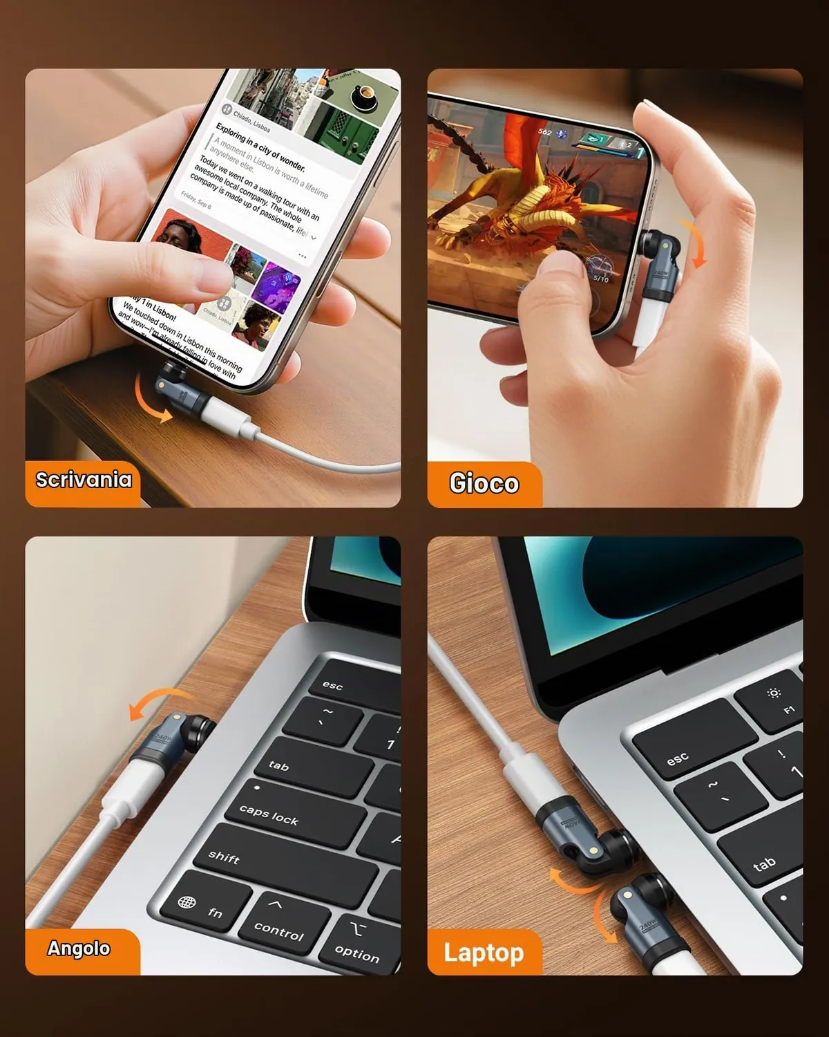 MoKo 240W adattatore magnetico USB-C grigio angolo 90°