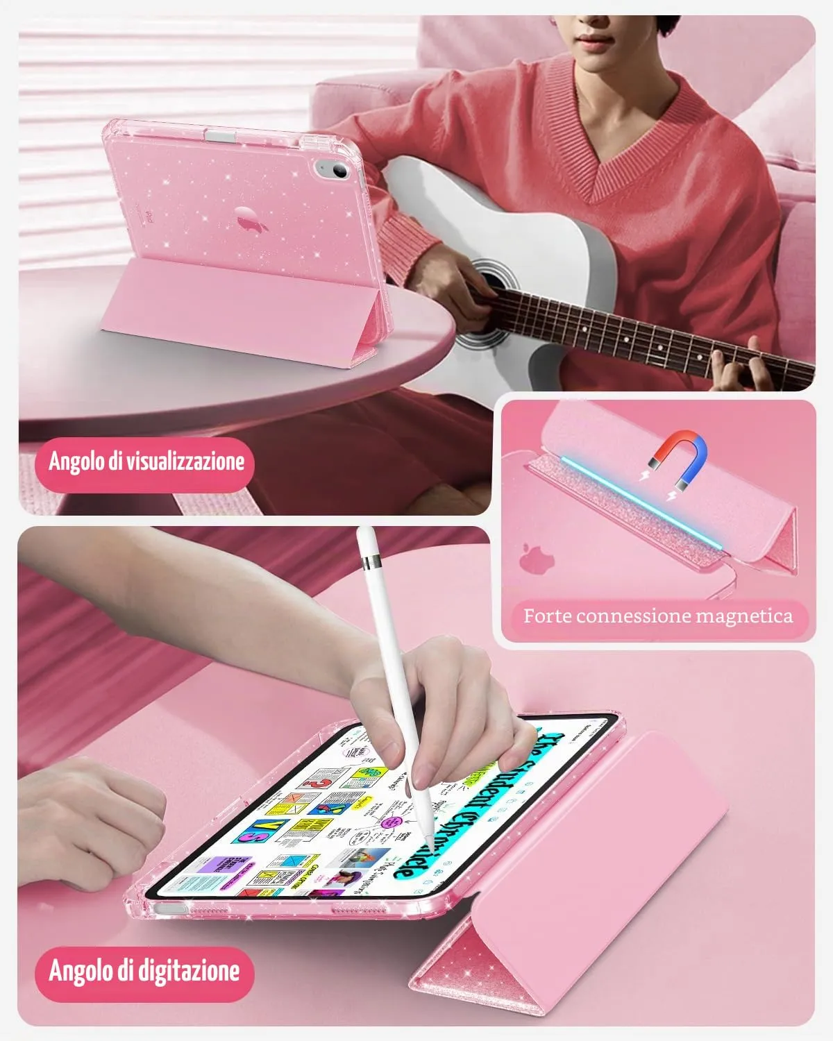MoKo Cover iPad A16 11" e 10ª Gen 10,9" Rosa Glitterato