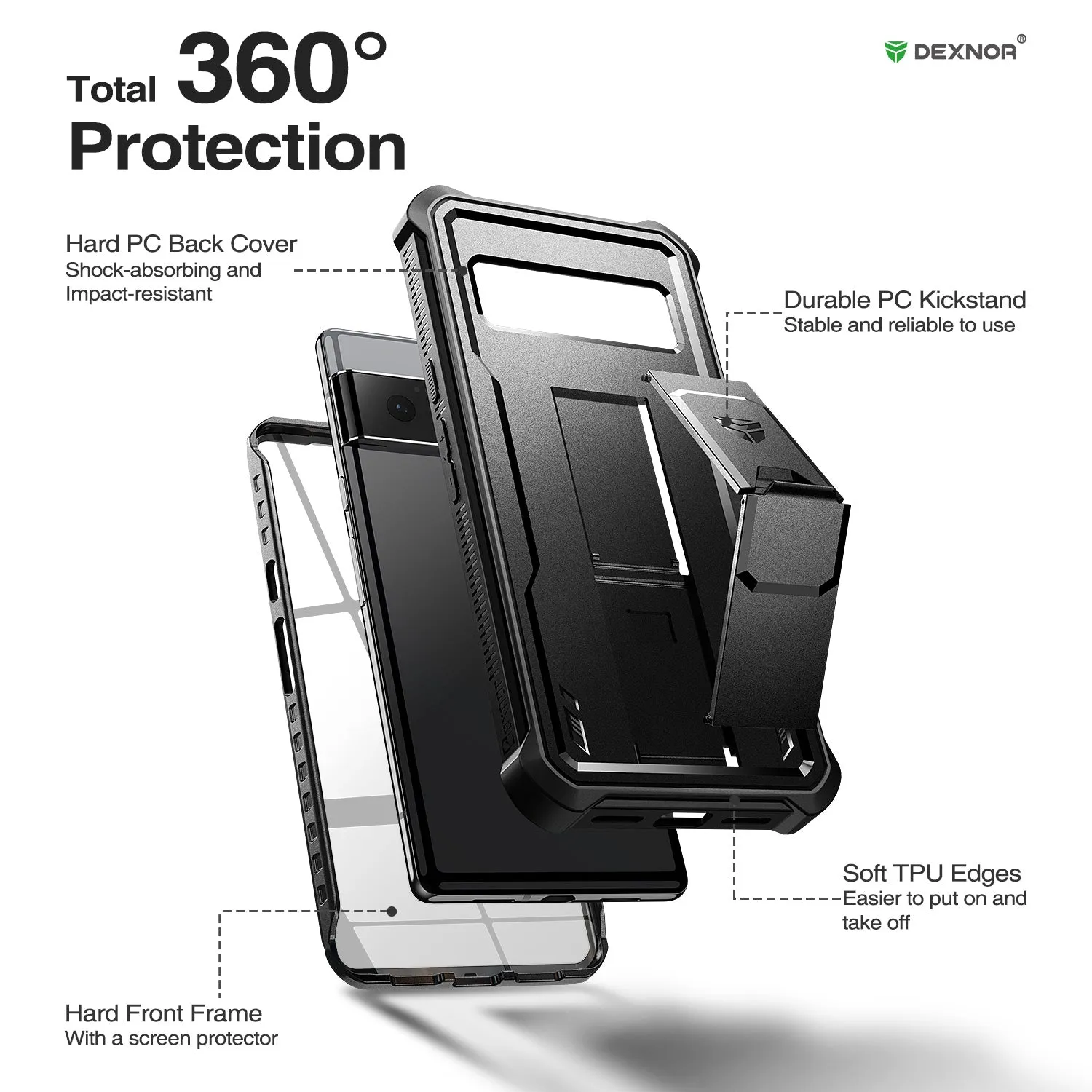 Dexnor Pixel 6 Pro 5G custodia rugged nera antishock