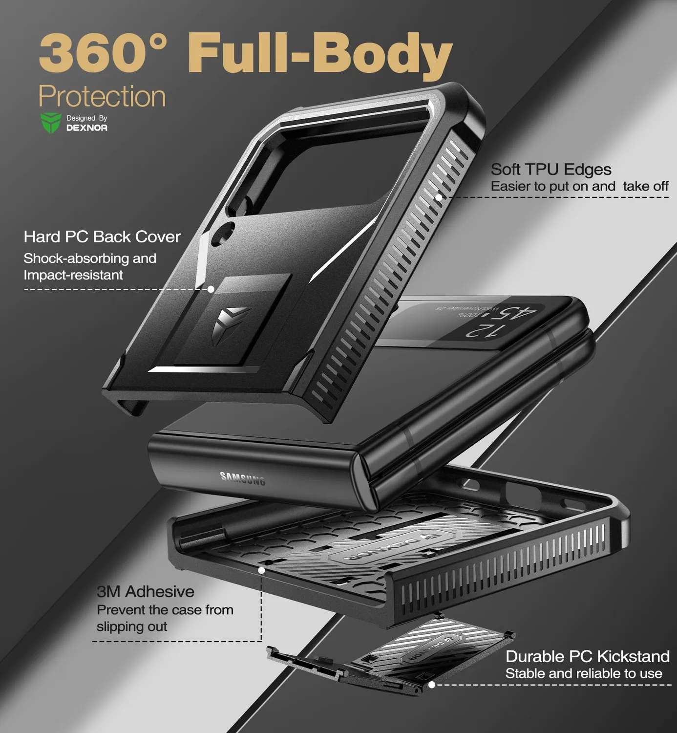 Dexnor Galaxy Z Flip 4 cover nera rugged con kickstand