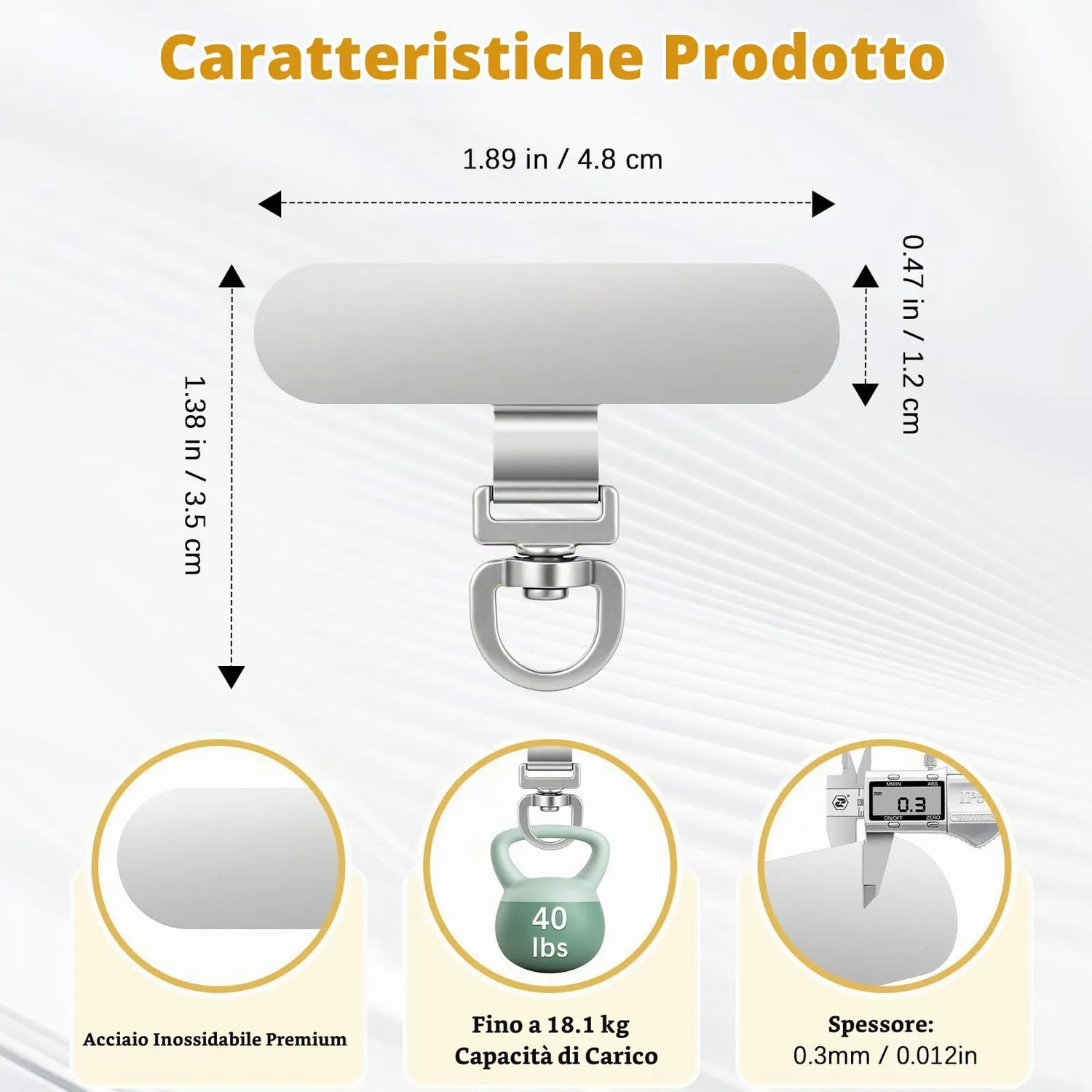 MoKo Tether Tab 360° Gancio Laccetto Telefono argento 6 pezzi inox