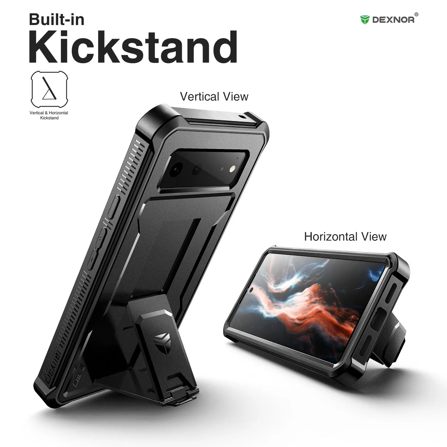 Dexnor Pixel 6 custodia nera rugged con stand e pellicola