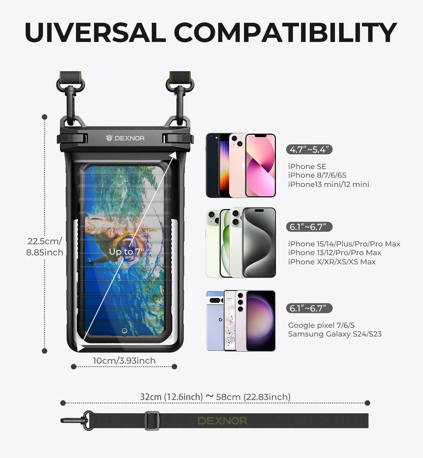 Dexnor Pouch Impermeabile IP68 Nero Smartphone 7" Laccetto
