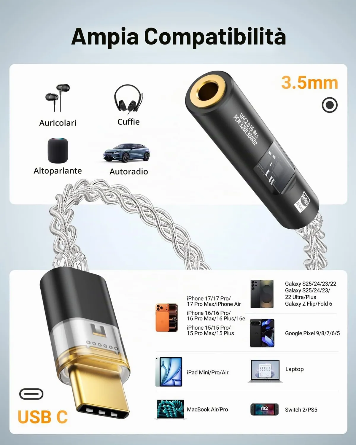 MoKo Adattatore USB-C Jack 3.5mm DAC Hi-Res Nero con USB