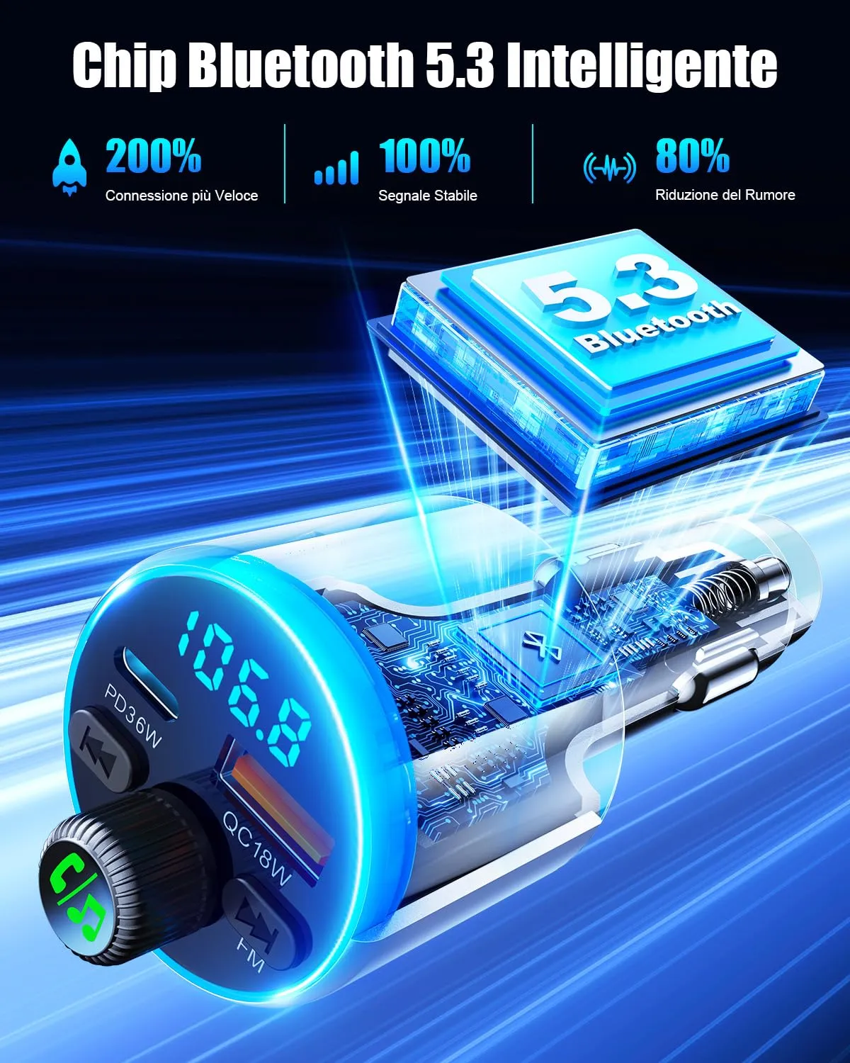 EOIWUY BC19 Trasmettitore FM Bluetooth Argento 54W