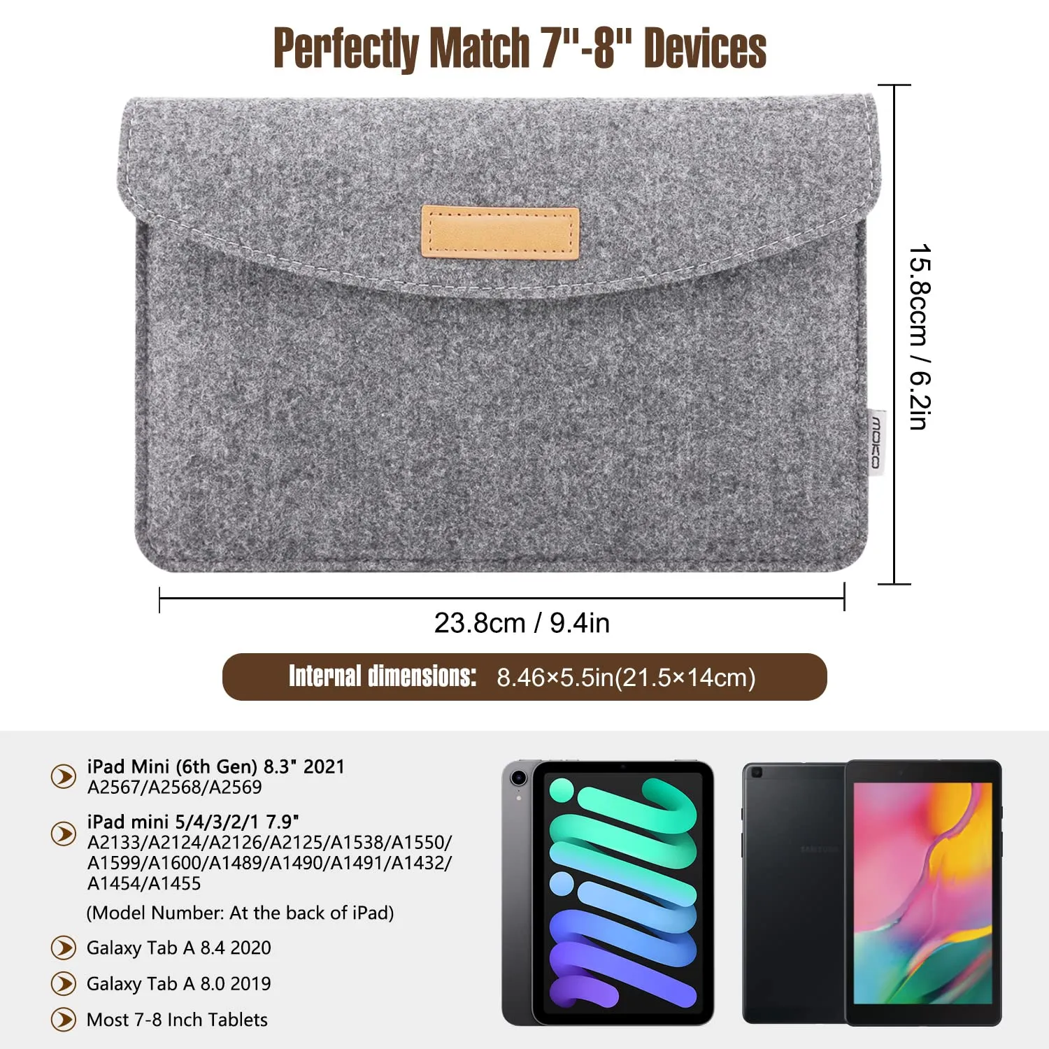 MoKo custodia sleeve feltro tablet 7-8 pollici grigio chiaro antiurto